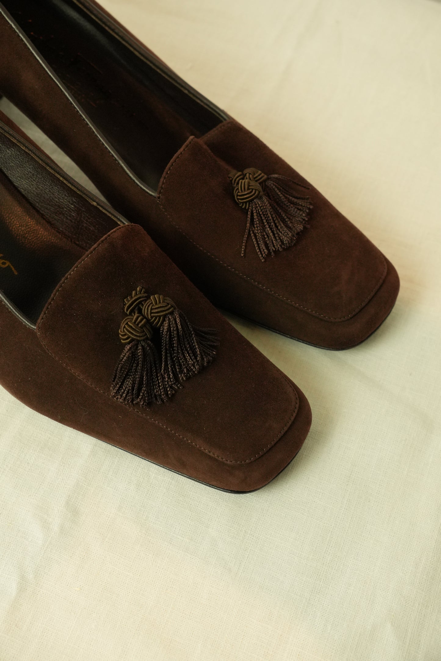 Salvatore Ferragamo Suede Tassel Heel Loafers