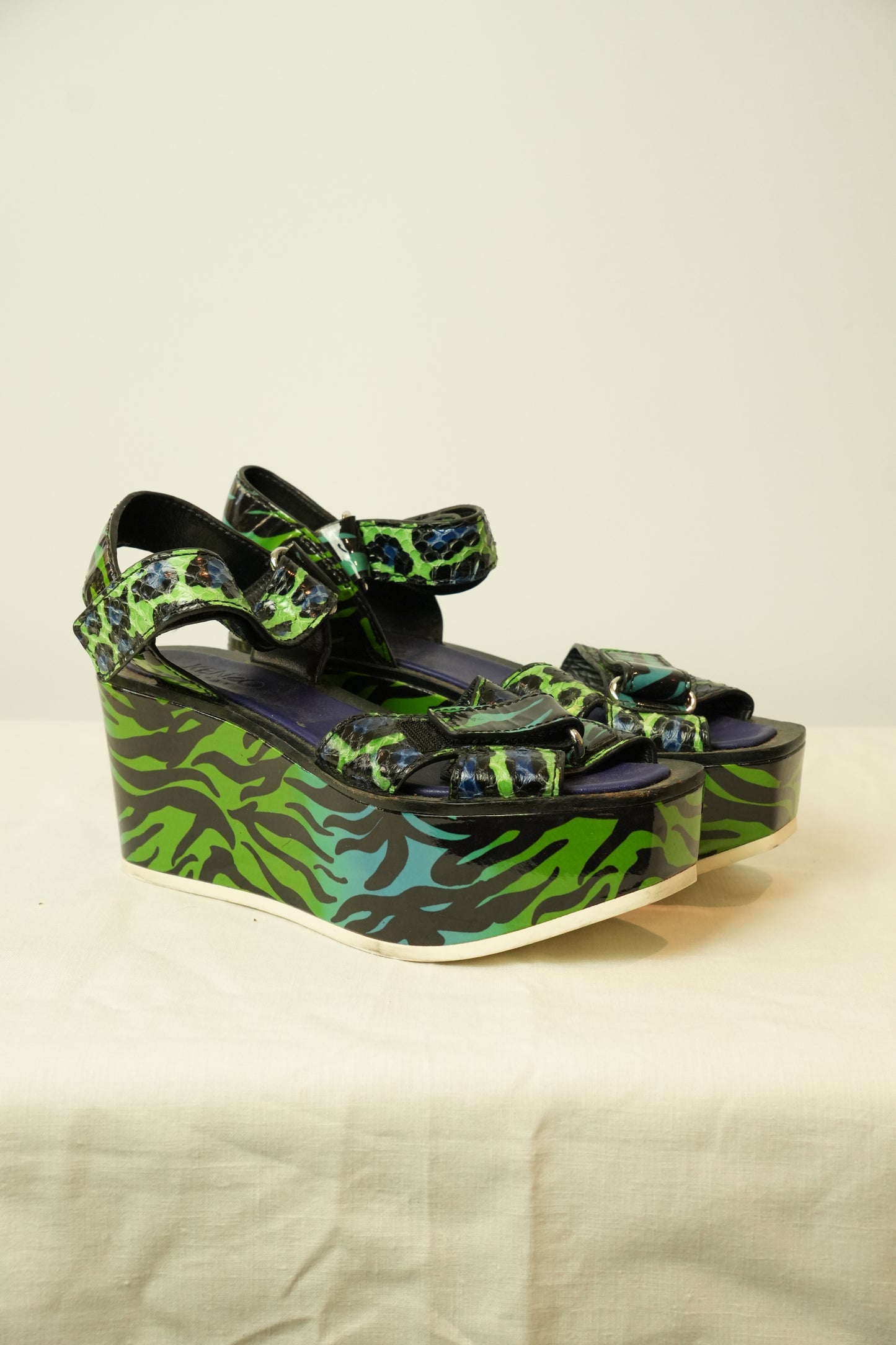 Kenzo Blue Green Leopard Print Wedges Sz36.5