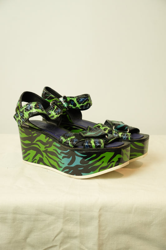 Kenzo Blue Green Leopard Print Wedges Sz36.5