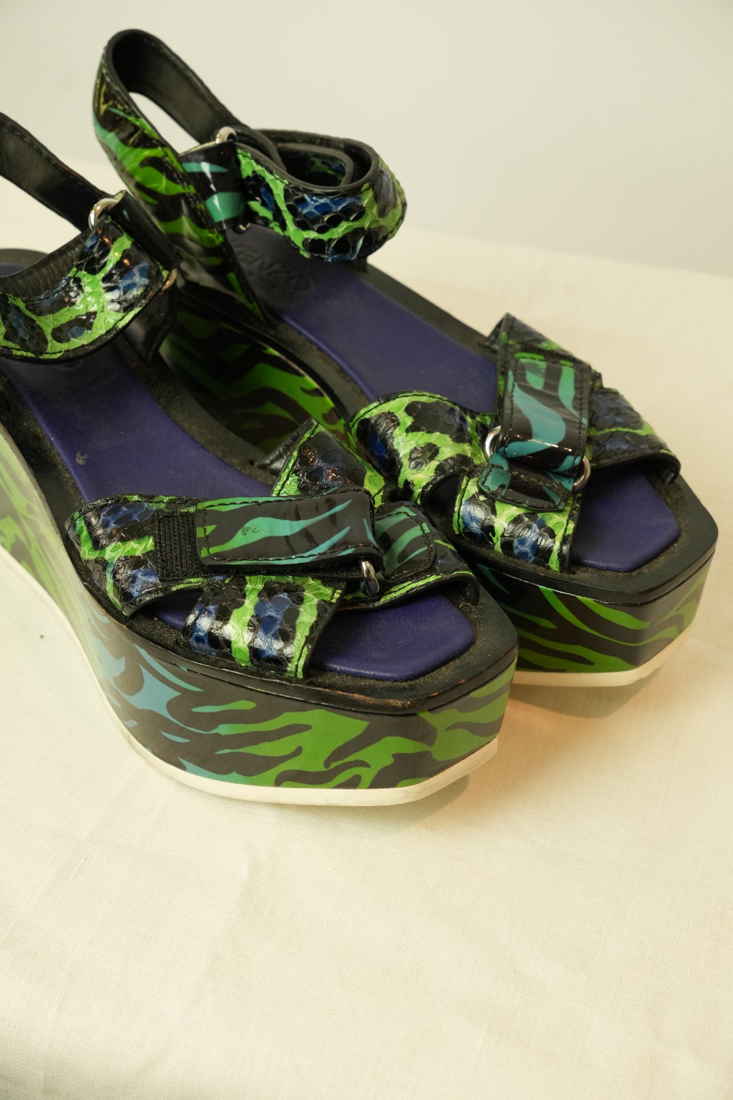 Kenzo Blue Green Leopard Print Wedges Sz36.5