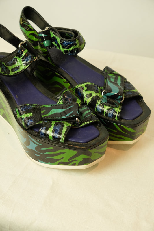 Kenzo Blue Green Leopard Print Wedges Sz36.5