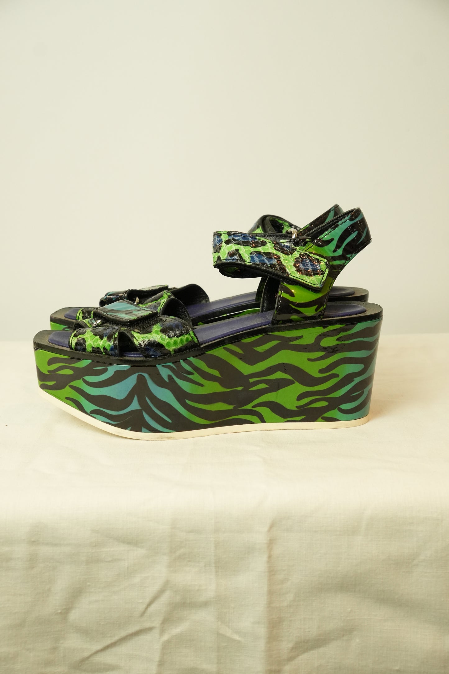 Kenzo Blue Green Leopard Print Wedges Sz36.5