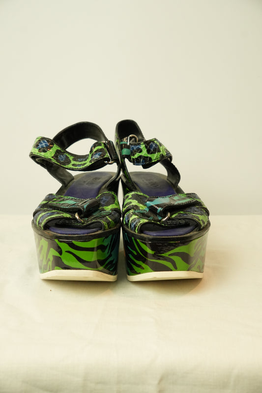 Kenzo Blue Green Leopard Print Wedges Sz36.5
