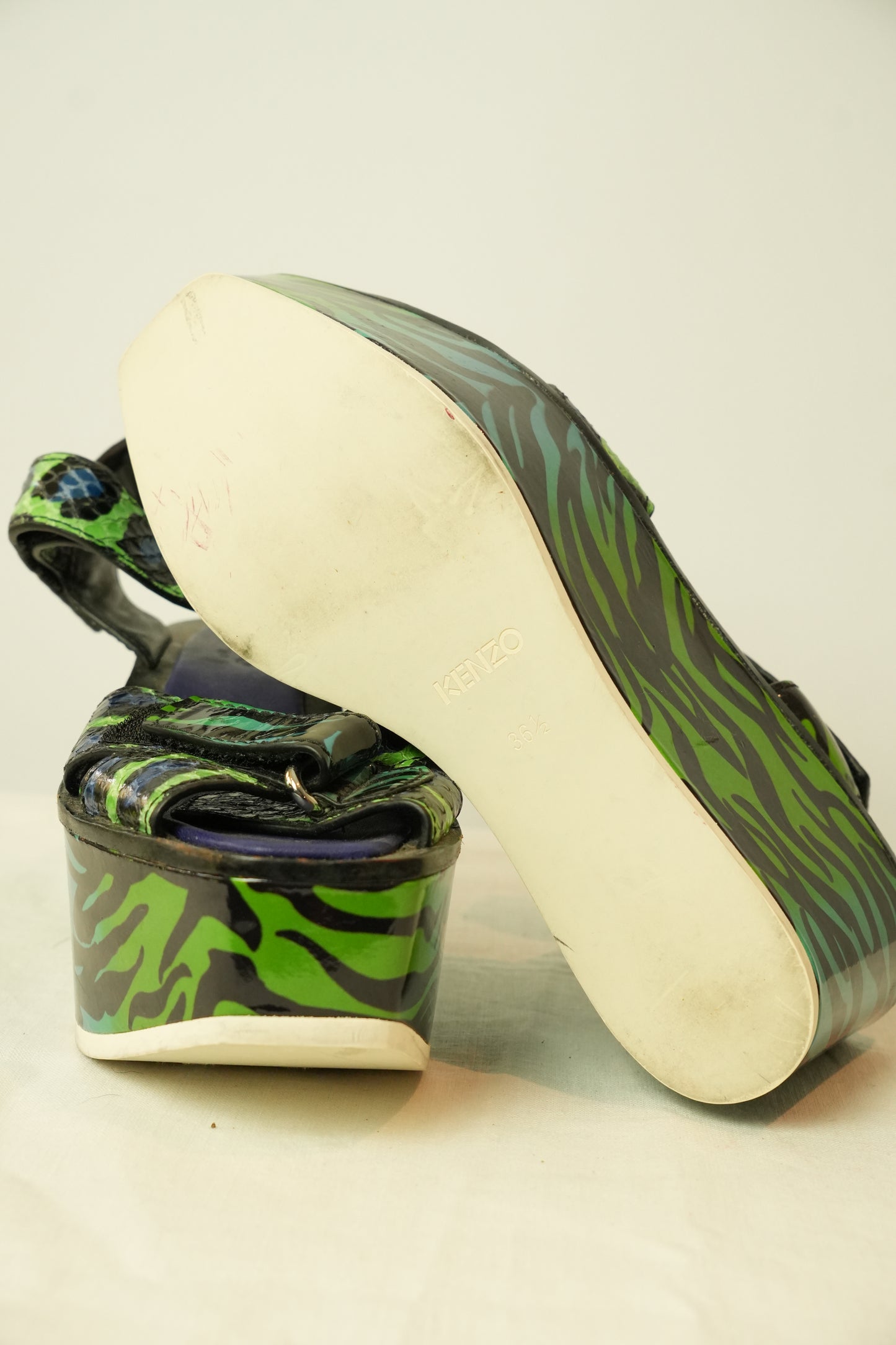 Kenzo Blue Green Leopard Print Wedges Sz36.5