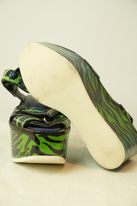 Kenzo Blue Green Leopard Print Wedges Sz36.5