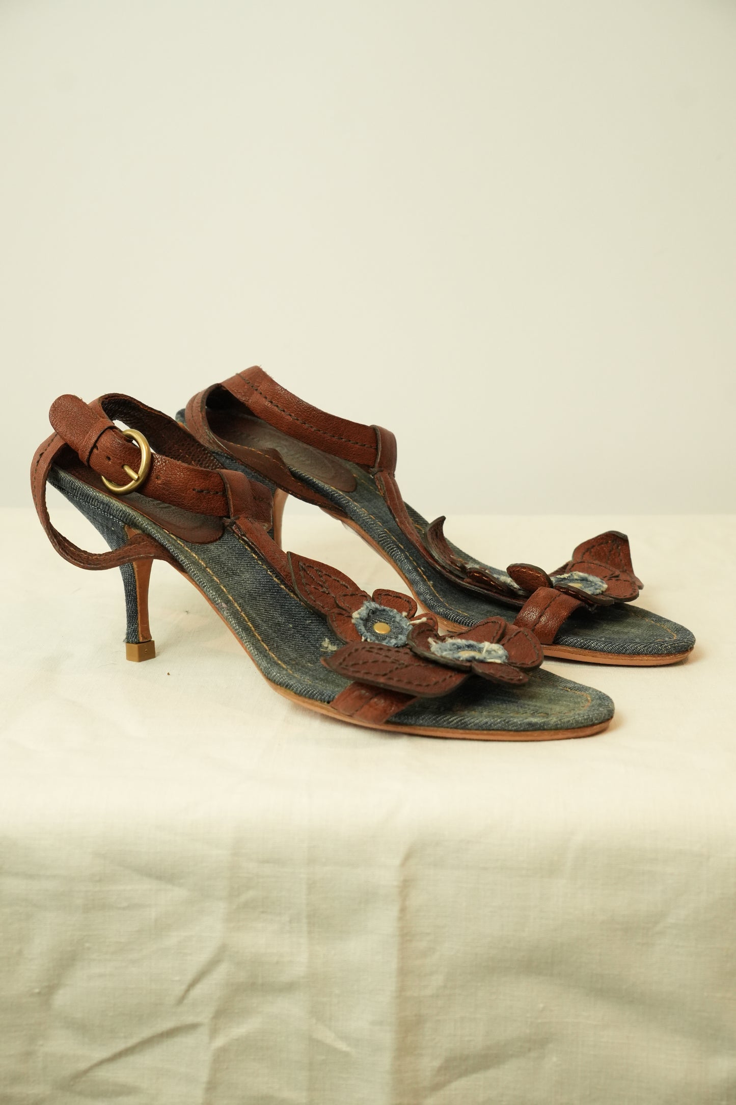 Miu Miu Floral Denim Leather Sandals Sz 40