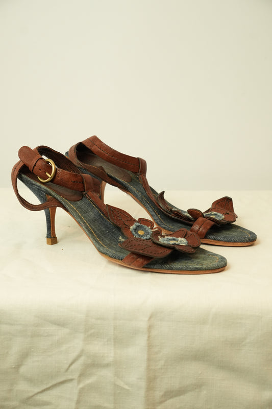 Miu Miu Floral Denim Leather Sandals Sz 40