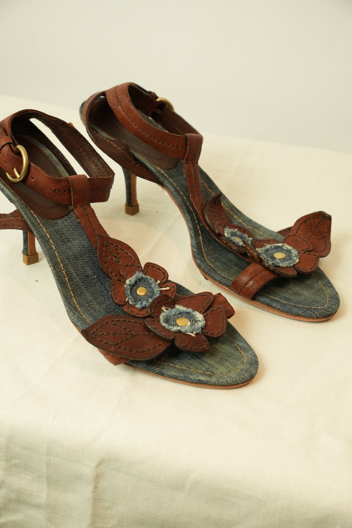 Miu Miu Floral Denim Leather Sandals Sz 40