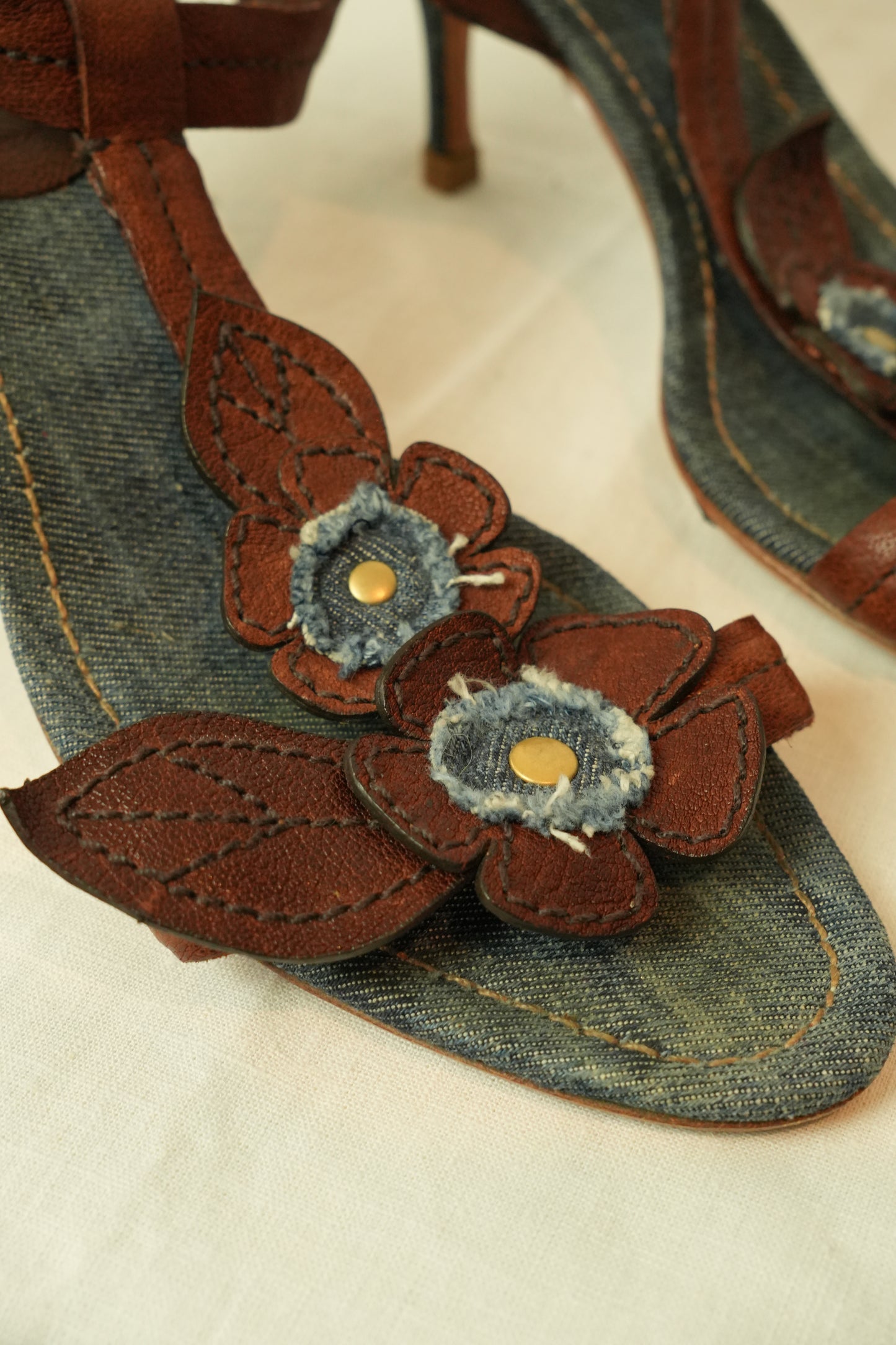 Miu Miu Floral Denim Leather Sandals Sz 40