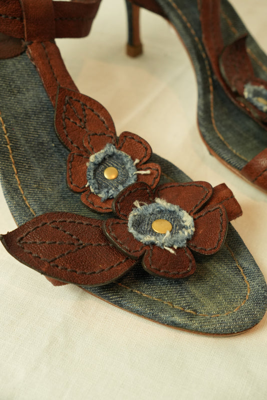 Miu Miu Floral Denim Leather Sandals Sz 40
