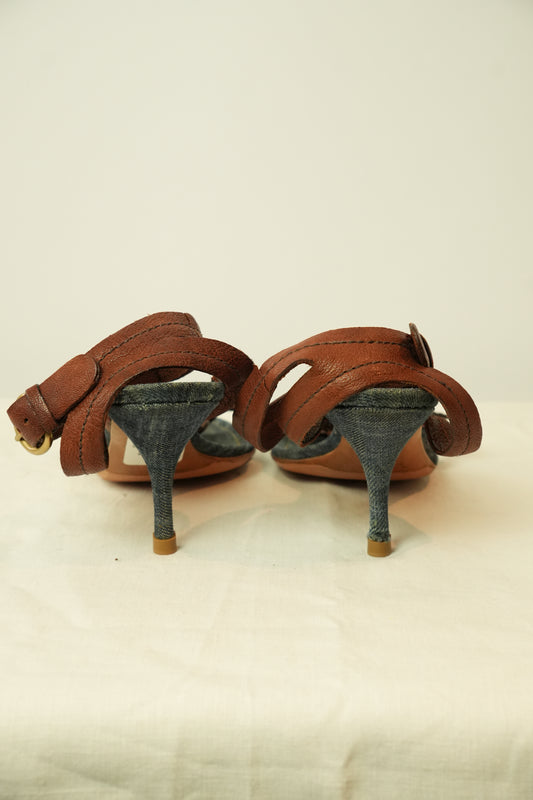 Miu Miu Floral Denim Leather Sandals Sz 40