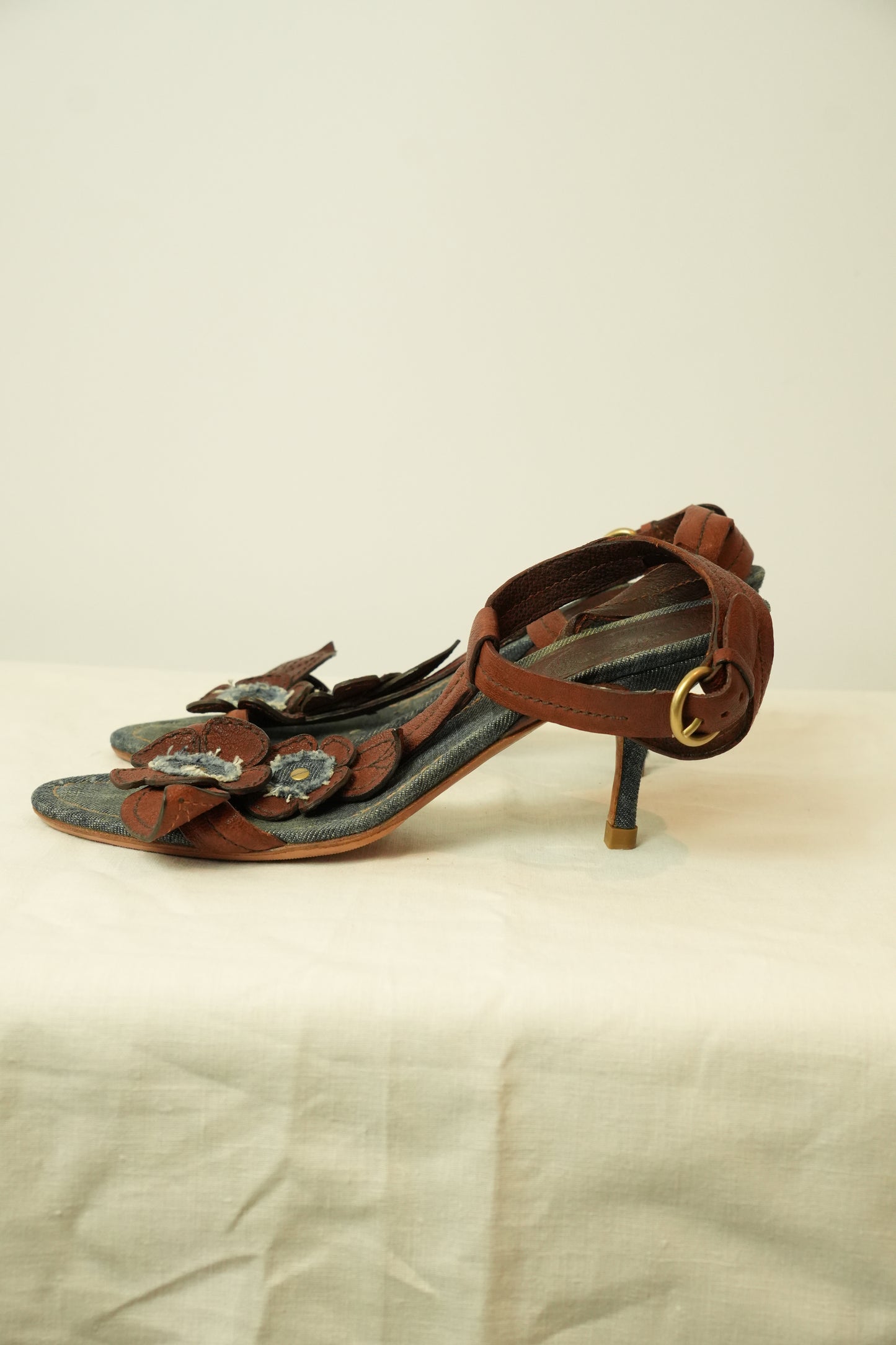 Miu Miu Floral Denim Leather Sandals Sz 40