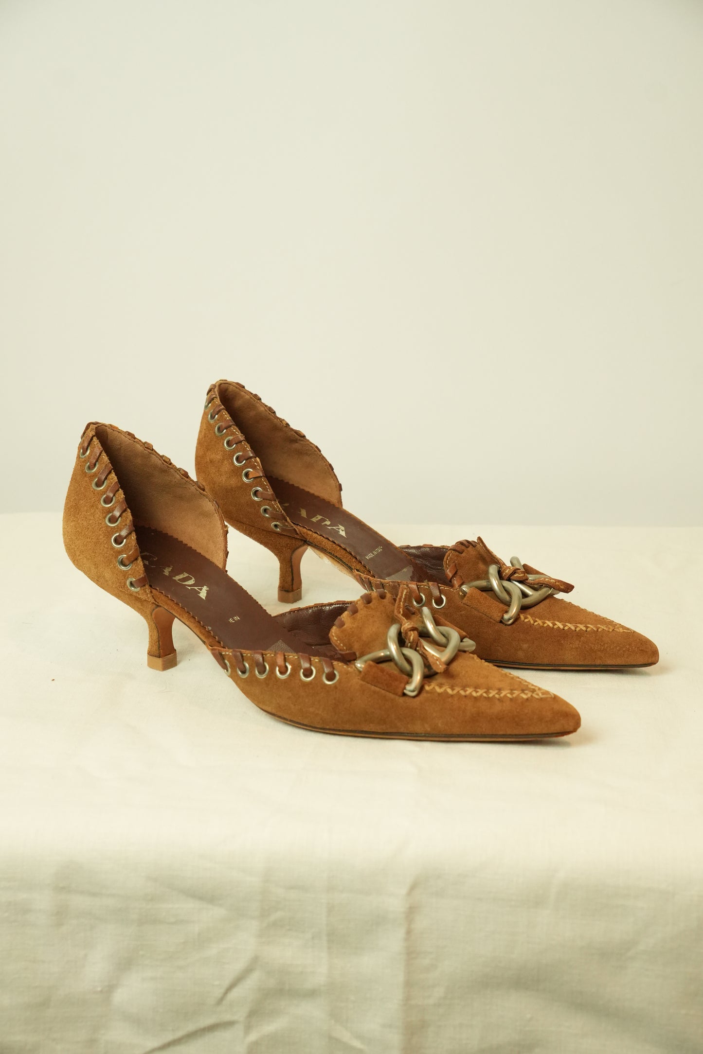 Prada Suede Chain Front Point Toe Kitten Heels