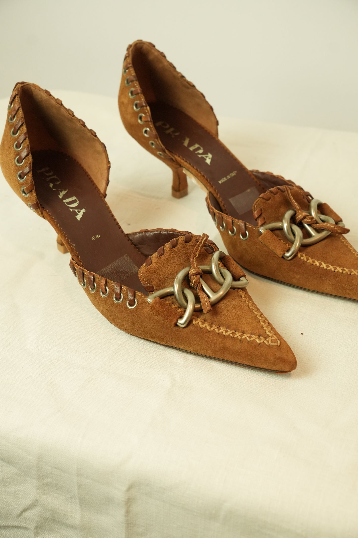 Prada Suede Chain Front Point Toe Kitten Heels