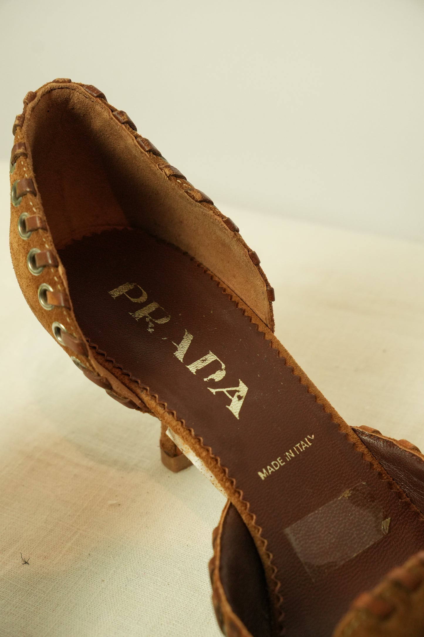 Prada Suede Chain Front Point Toe Kitten Heels