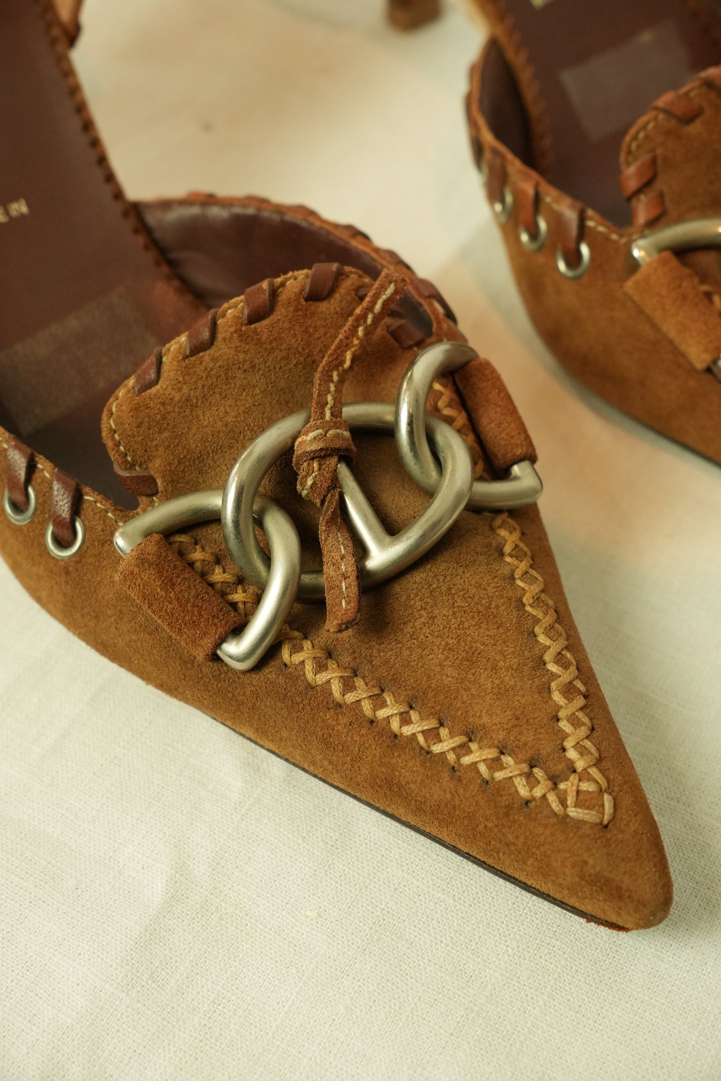 Prada Suede Chain Front Point Toe Kitten Heels