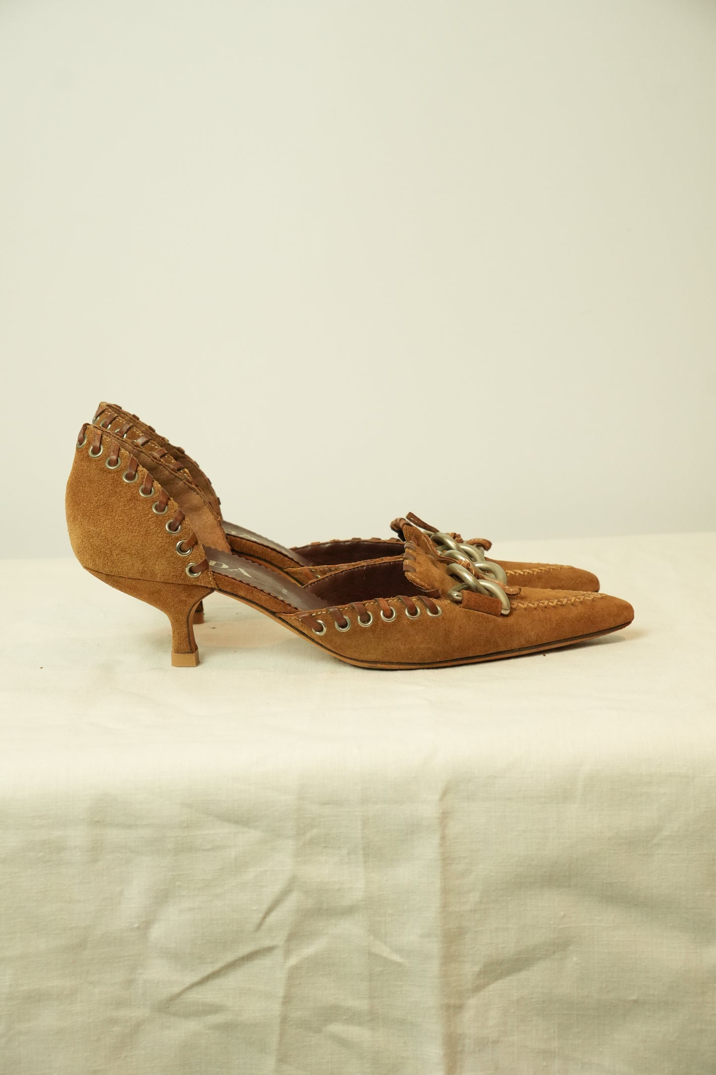 Prada Suede Chain Front Point Toe Kitten Heels