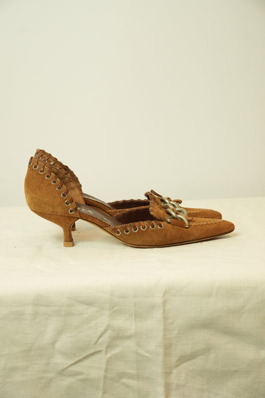 Prada Suede Chain Front Point Toe Kitten Heels Sz36