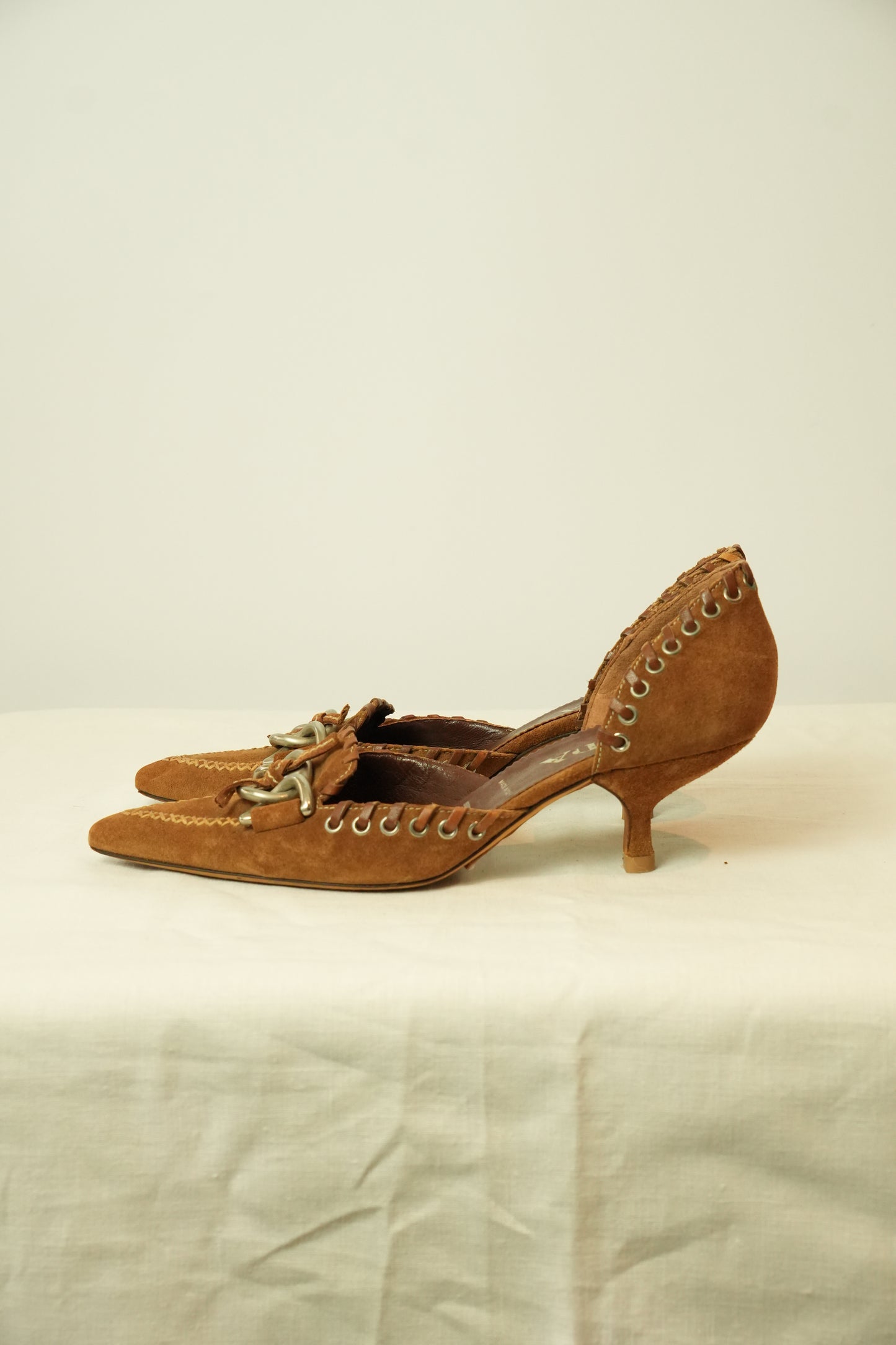 Prada Suede Chain Front Point Toe Kitten Heels