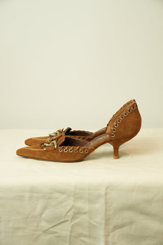 Prada Suede Chain Front Point Toe Kitten Heels Sz36