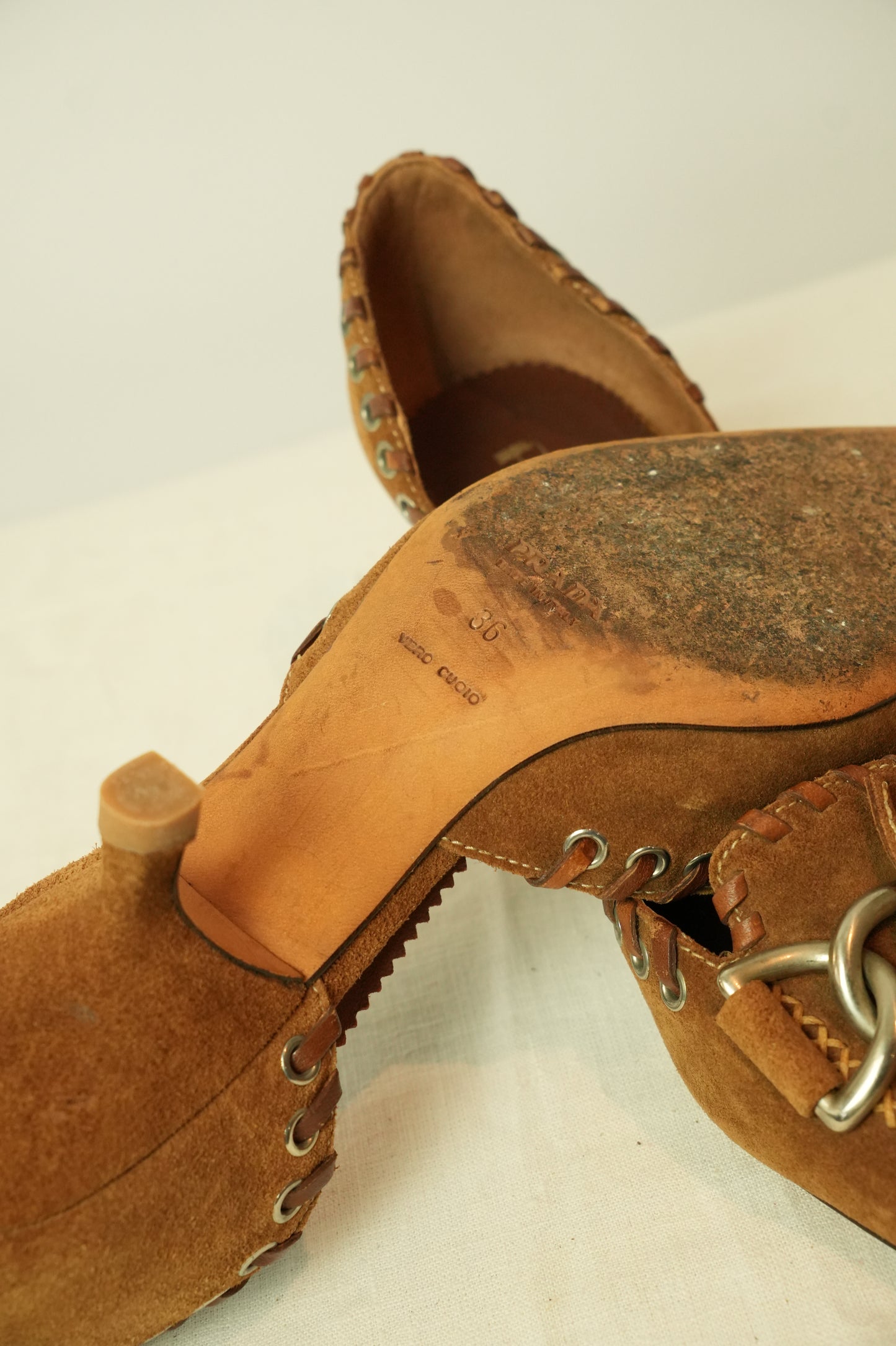 Prada Suede Chain Front Point Toe Kitten Heels