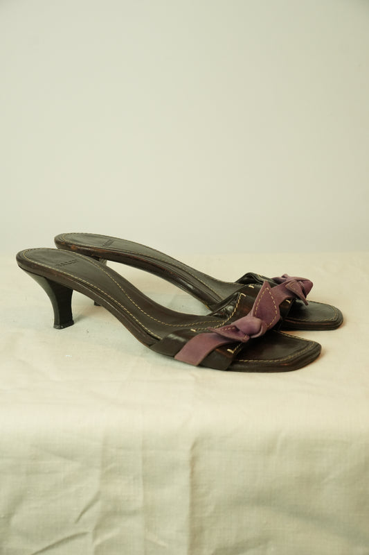 Bally Brown Leather w Purple Suede Bow Heel Sandals Sz 40