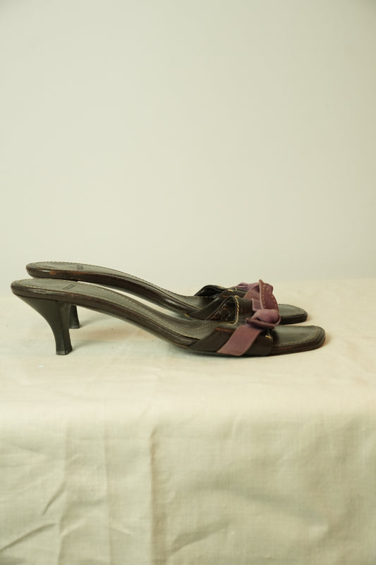 Bally Brown Leather w Purple Suede Bow Heel Sandals Sz 40