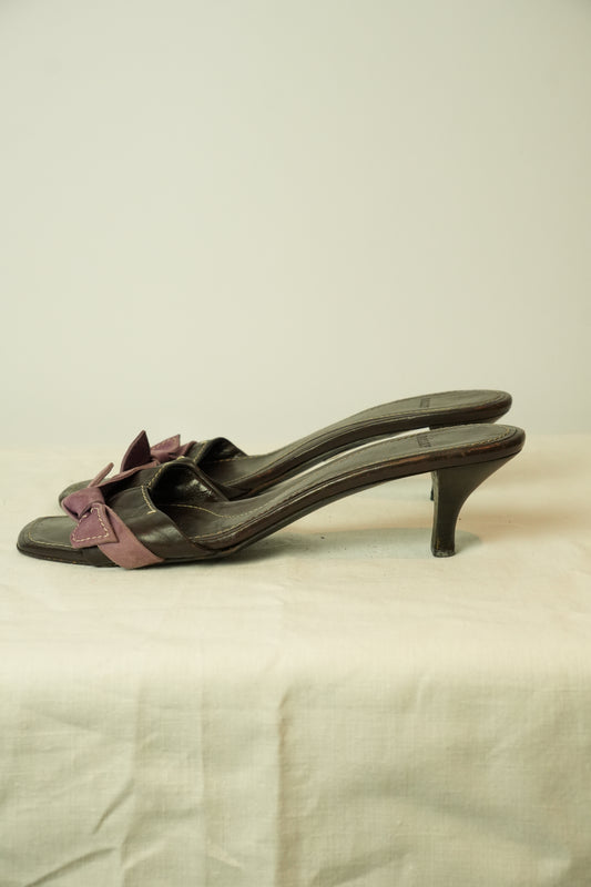 Bally Brown Leather w Purple Suede Bow Heel Sandals Sz 40