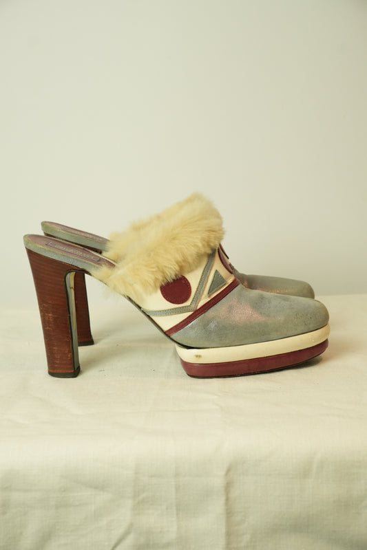 Emilio Pucci Leather Platform Mule Heels Multi Colored Size 38.5 8.5