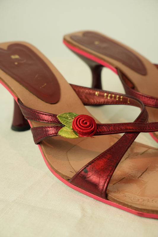Rose Motif Criss Cross Sandal Heels Sz L/36.5