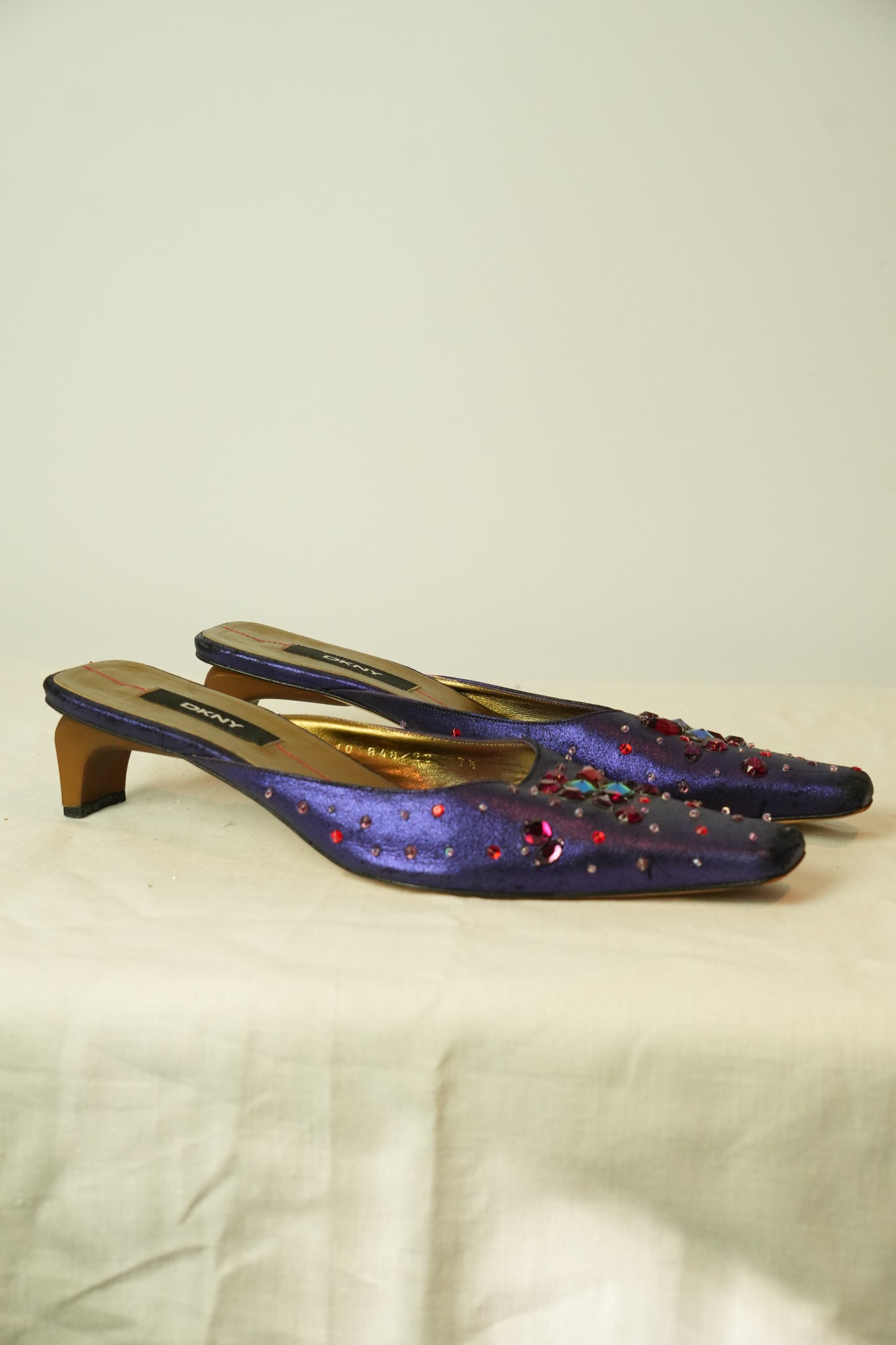 DKNY Satin Jewel Mule Heels Sz 7.5
