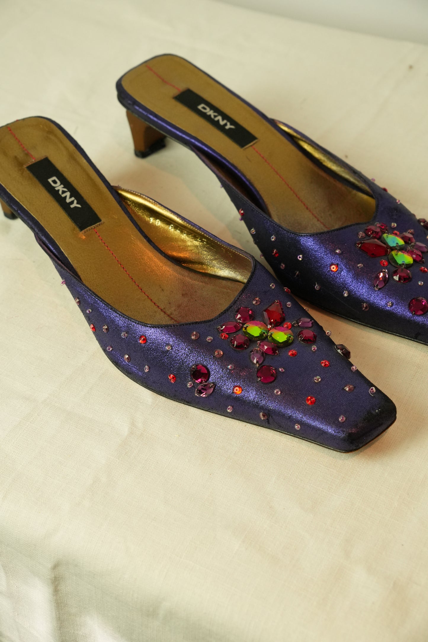 DKNY Satin Jewel Mule Heels Sz 7.5
