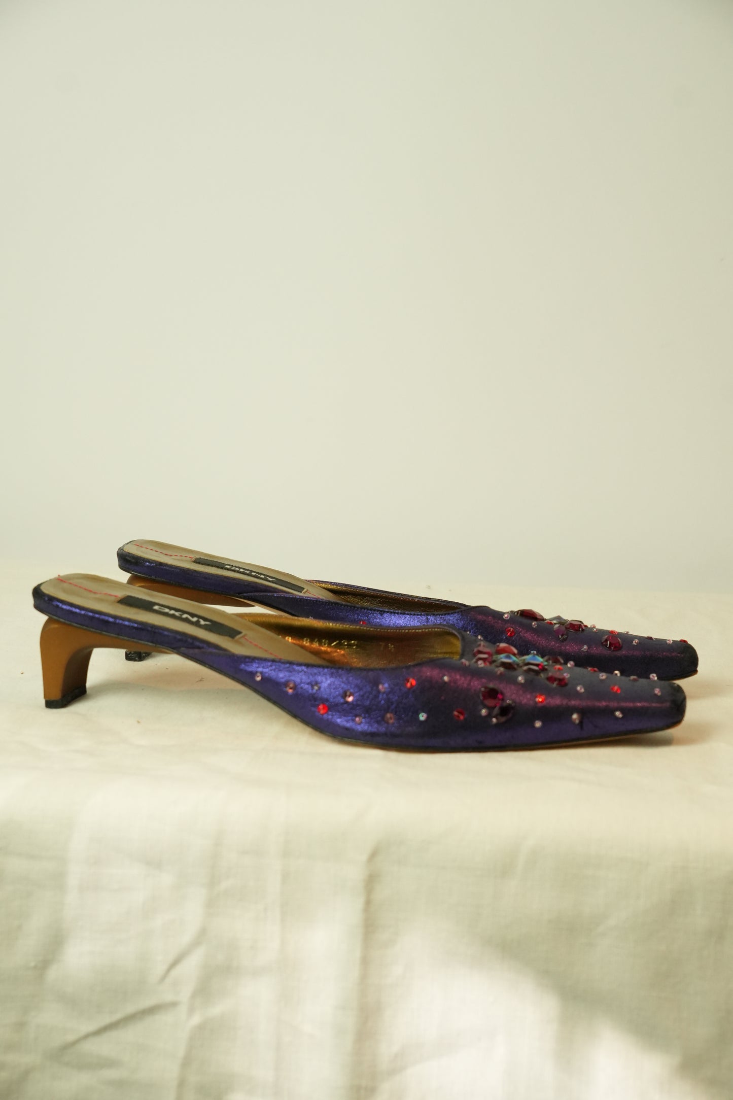 DKNY Satin Jewel Mule Heels Sz 7.5