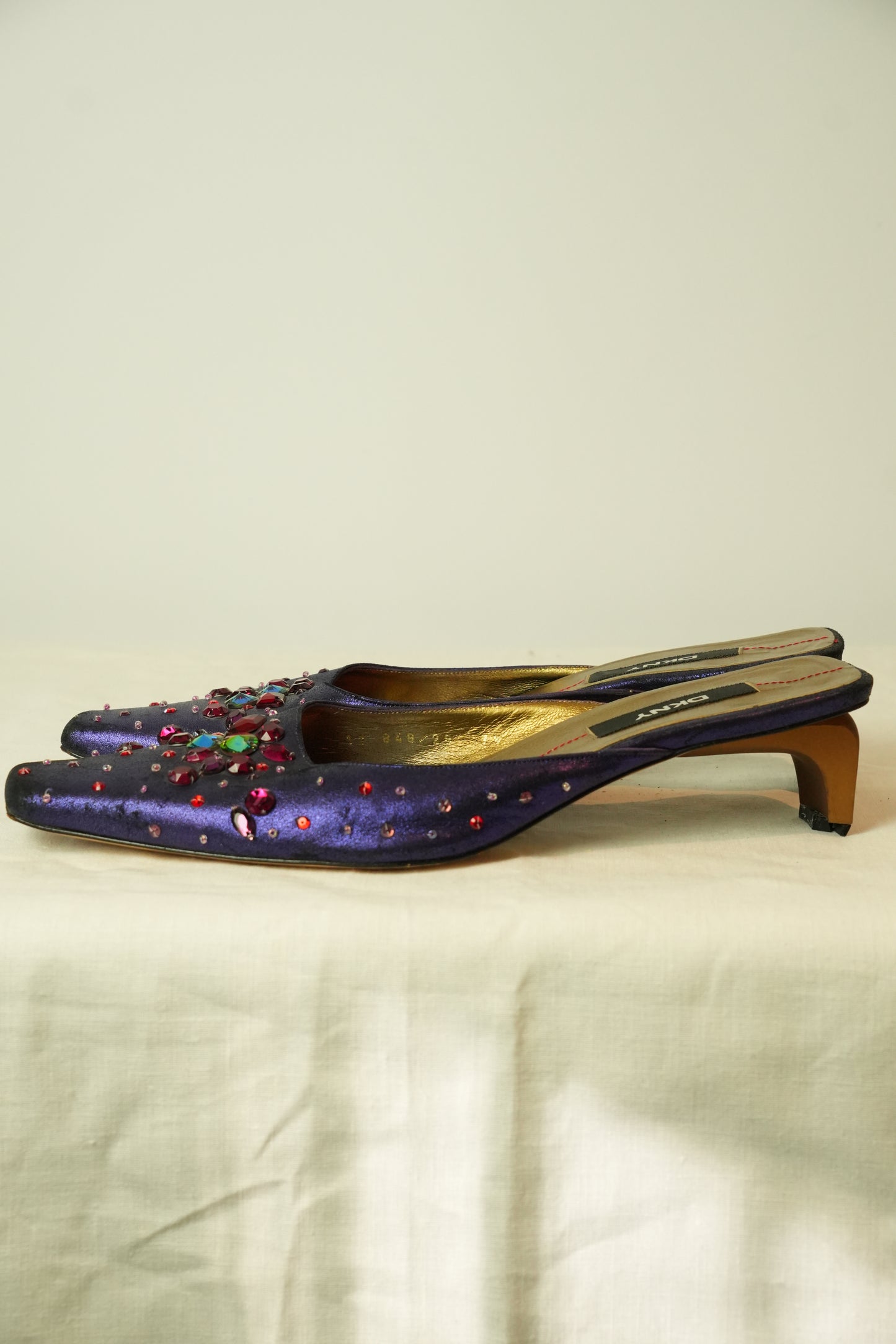 DKNY Satin Jewel Mule Heels Sz 7.5