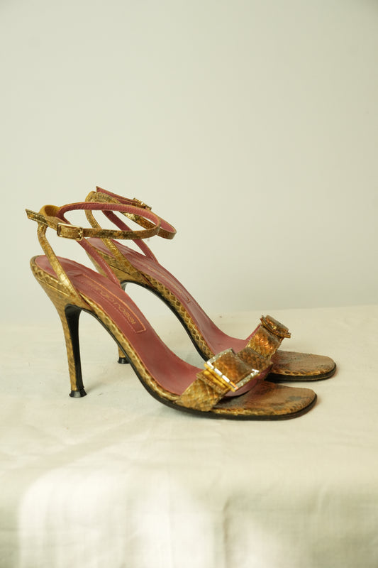Sergio Rossi Snakeskin Print Jeweled Sandal Heels Brown Size 37.5 7.5