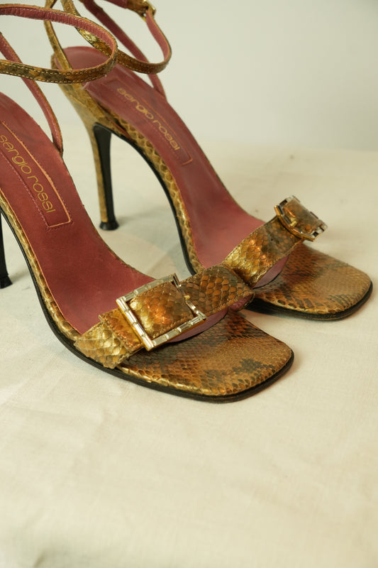 Sergio Rossi Snakeskin Print Jeweled Sandal Heels Brown Size 37.5 7.5