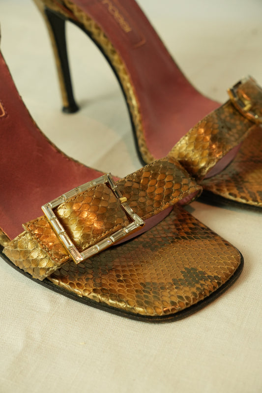 Sergio Rossi Snakeskin Print Jeweled Sandal Heels Brown Size 37.5 7.5