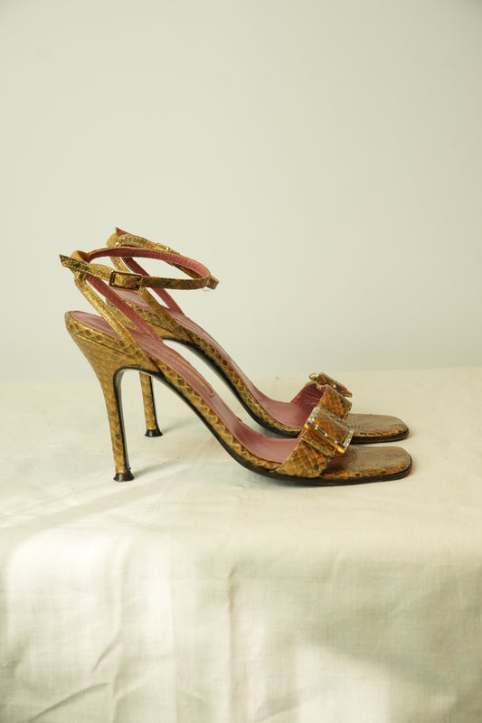 Sergio Rossi Snakeskin Print Jeweled Sandal Heels Brown Size 37.5 7.5