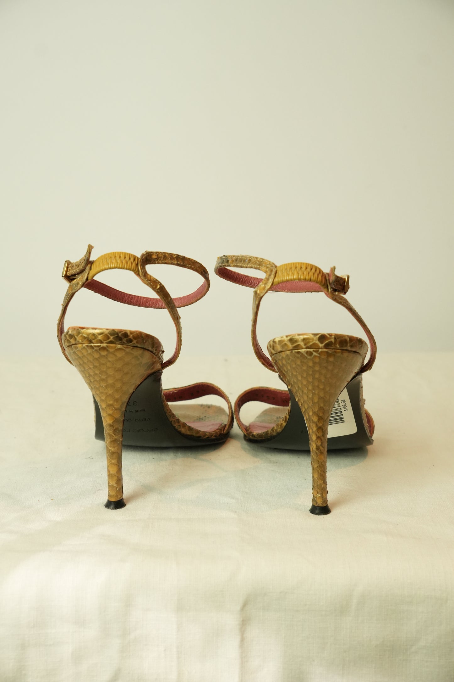 Sergio Rossi Snakeskin Print Jeweled Sandal Heels Brown Size 37.5 7.5