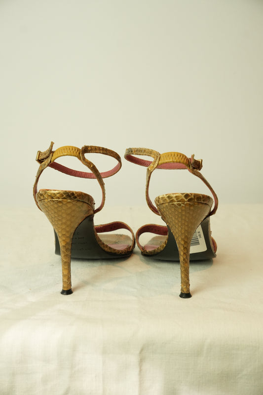 Sergio Rossi Snakeskin Print Jeweled Sandal Heels Brown Size 37.5 7.5