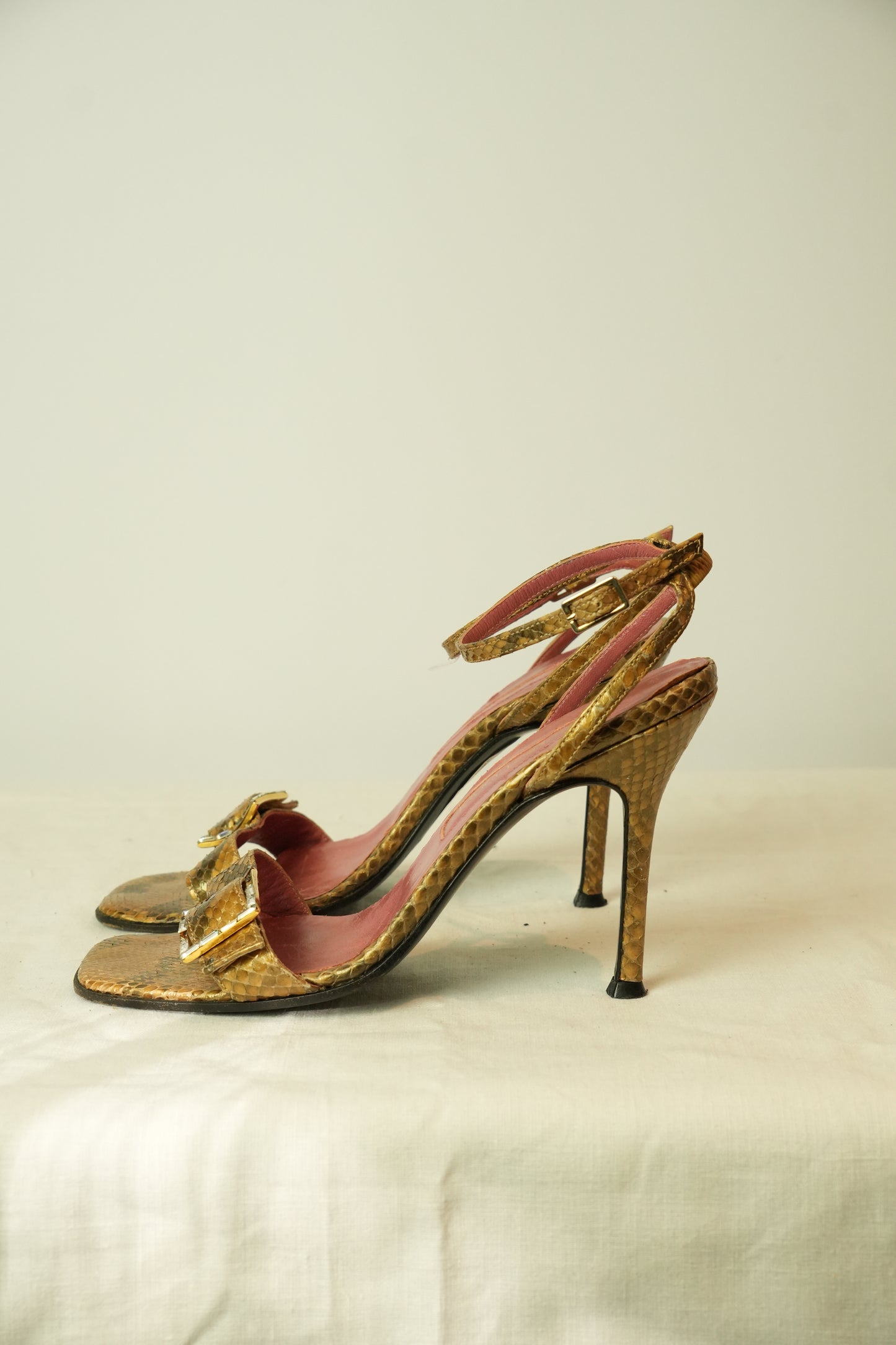 Sergio Rossi Snakeskin Print Jeweled Sandal Heels Brown Size 37.5 7.5