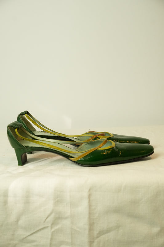 Sigerson Morrison Green Patent Leather Point Toe Kitten Heels Sz 7.5