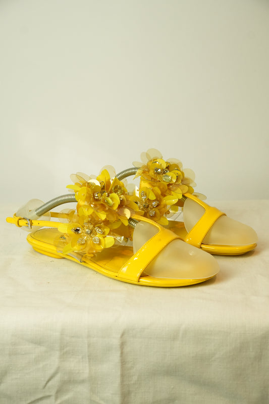 Prada Flower Enamel Yellow Sandals Sz 38.5