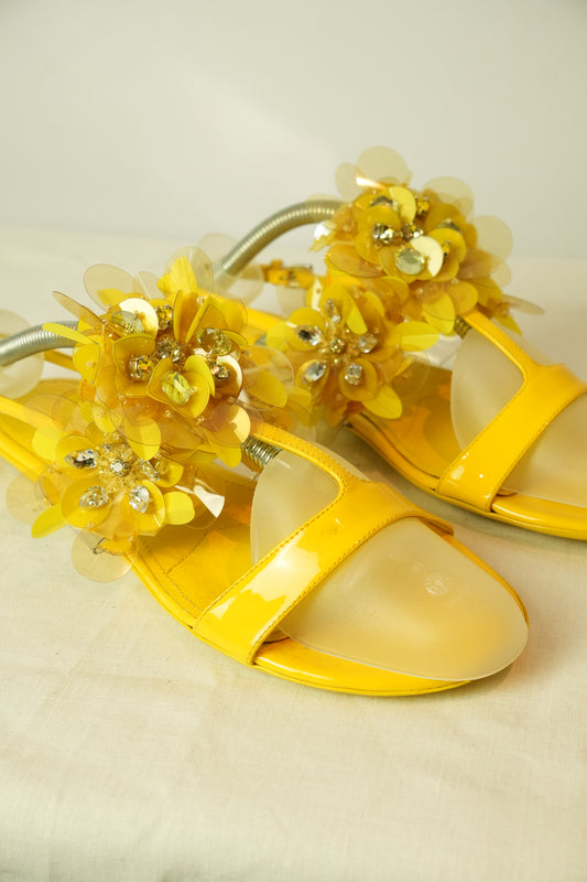 Prada Flower Enamel Yellow Sandals Sz 38.5
