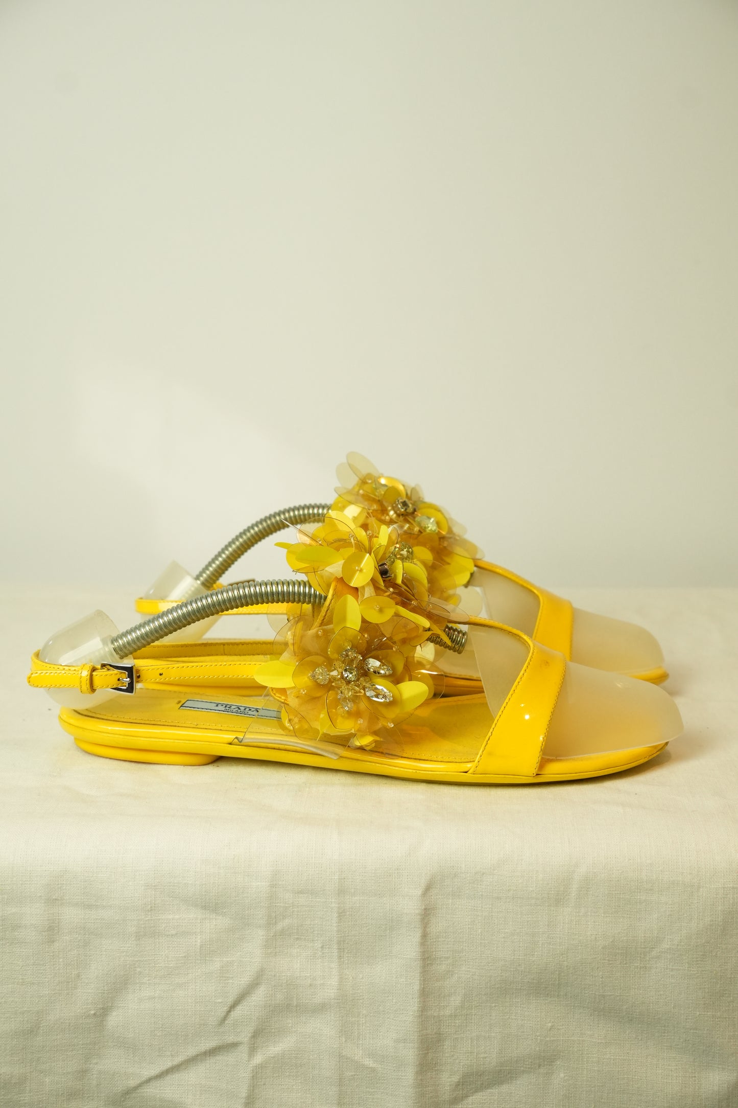 Prada Flower Enamel Yellow Sandals Sz 38.5