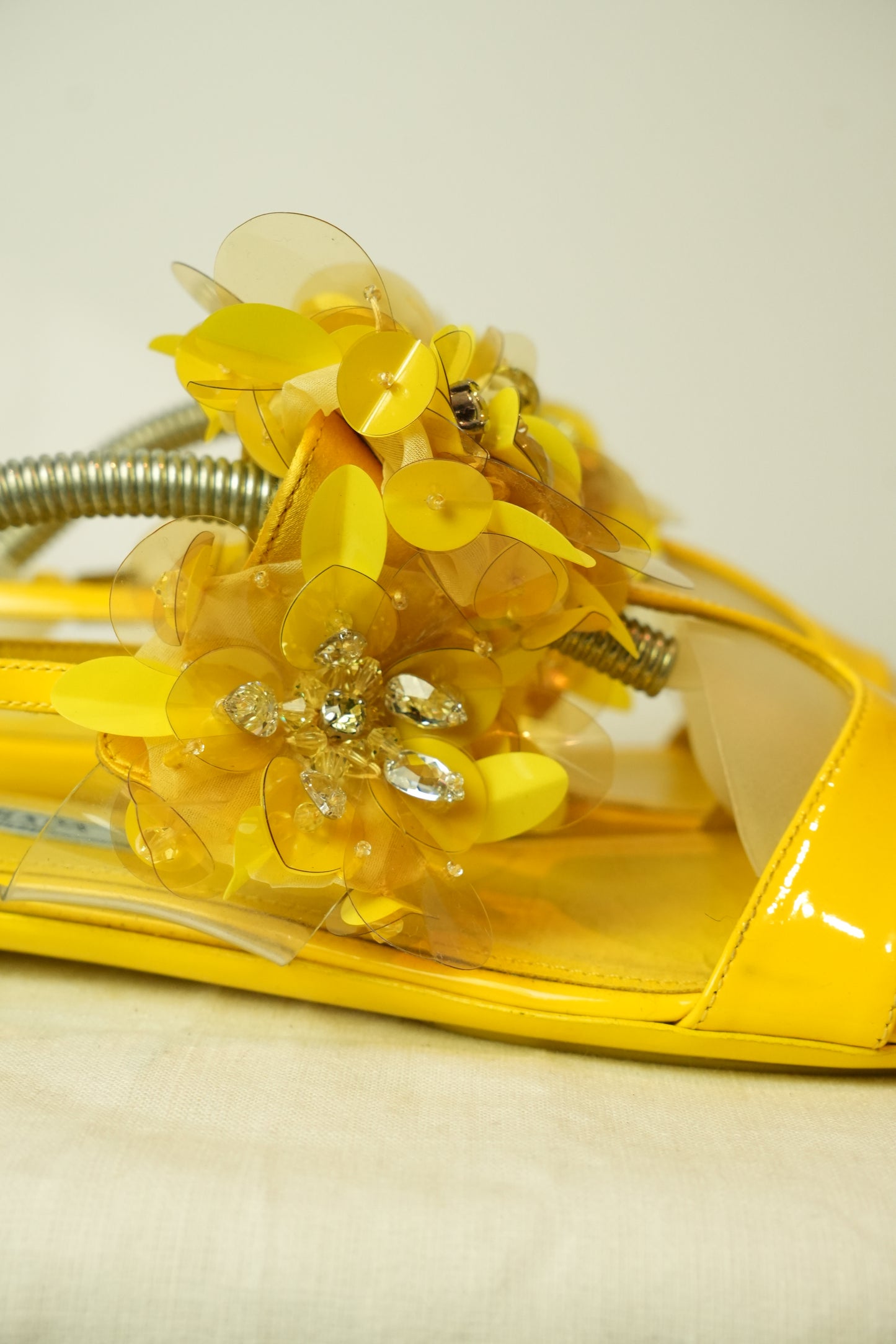 Prada Flower Enamel Yellow Sandals Sz 38.5
