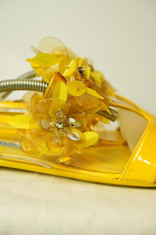 Prada Flower Enamel Yellow Sandals Sz 38.5