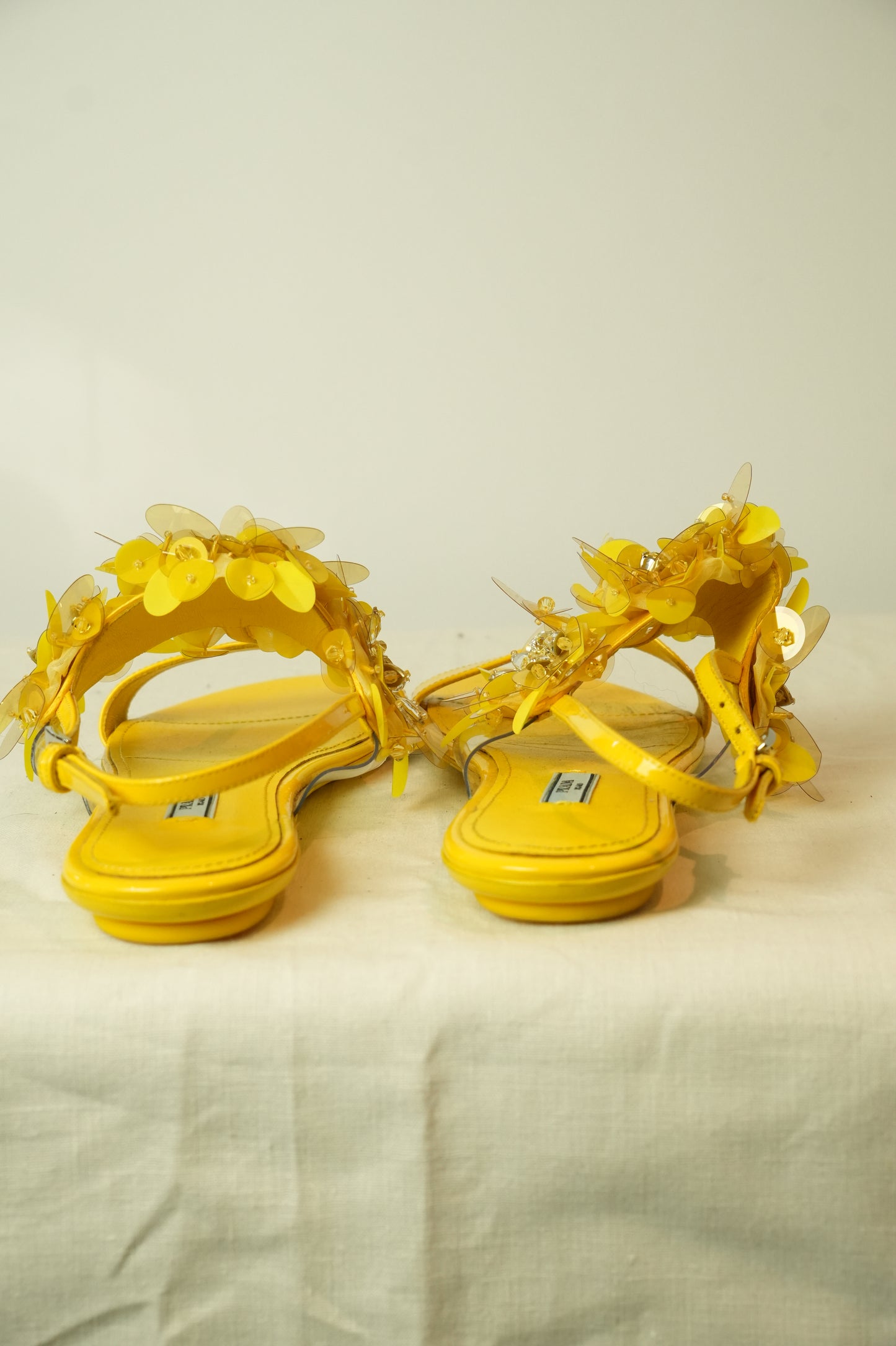 Prada Flower Enamel Yellow Sandals Sz 38.5