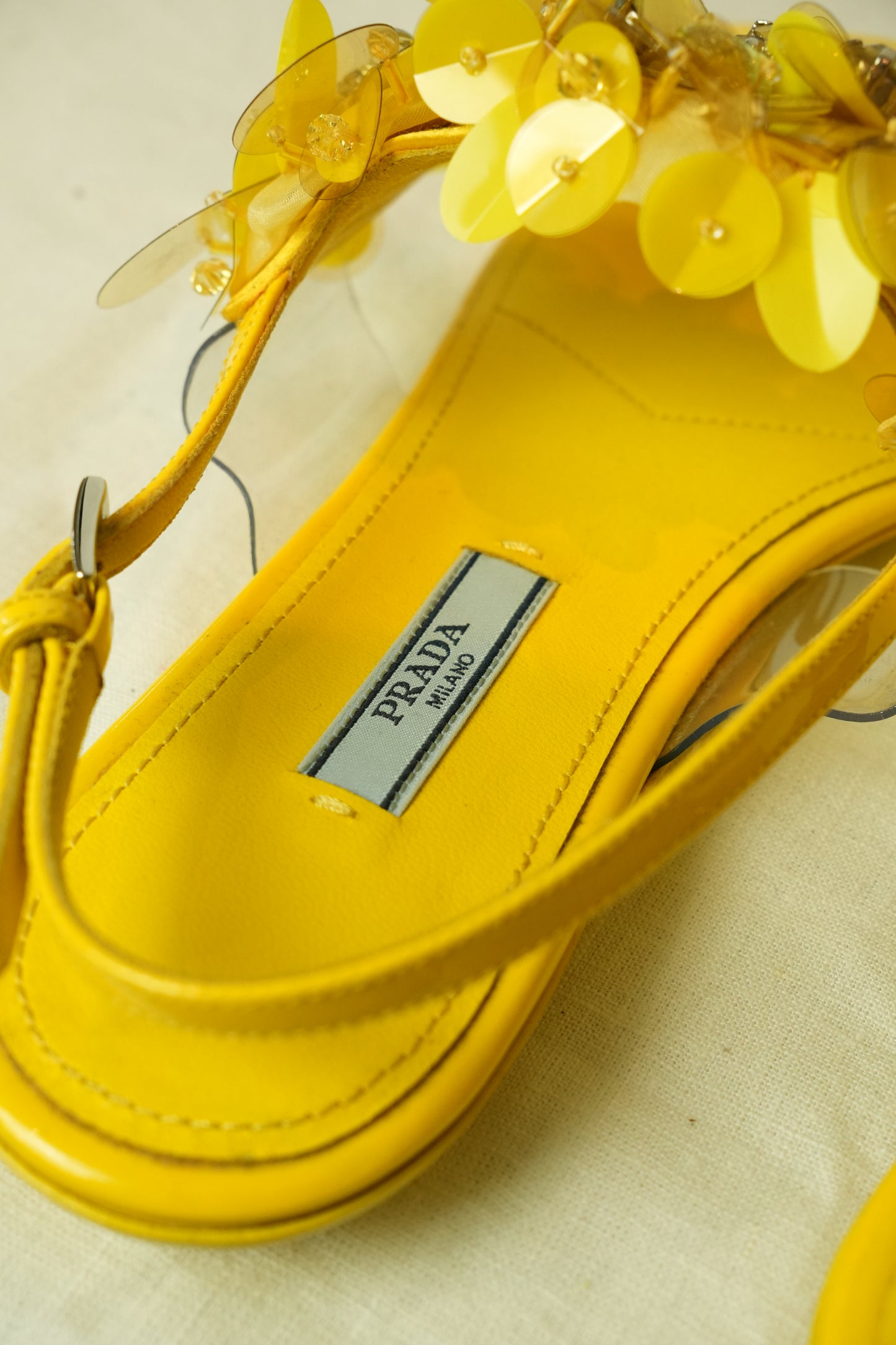 Prada Flower Enamel Yellow Sandals Sz 38.5
