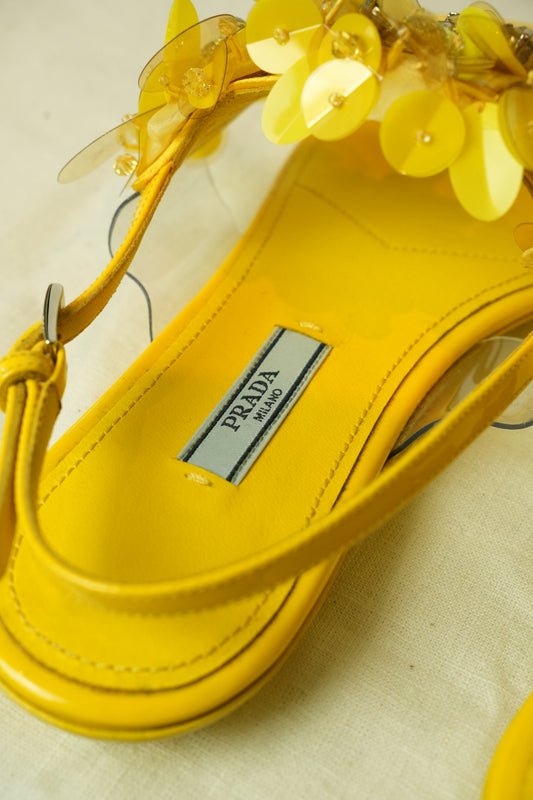 Prada Flower Enamel Yellow Sandals Sz 38.5